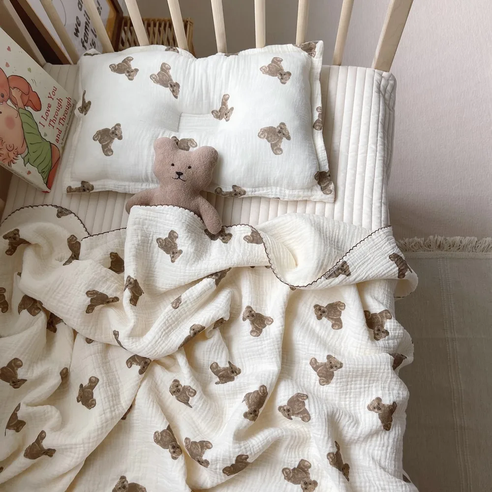 

Korean Bear Printed Cotton Muslin Newborn Swaddle Blanket for Babies Gauze Swaddling Wrap Receiving Blankets Baby Accessories
