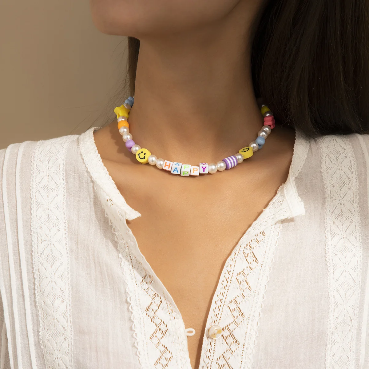 

2021 Summer Multicolor Acrylic Beads Letters Choker Necklace For Women Girls Sweet Smile Star Beaded Necklace Bohemian Jewelry