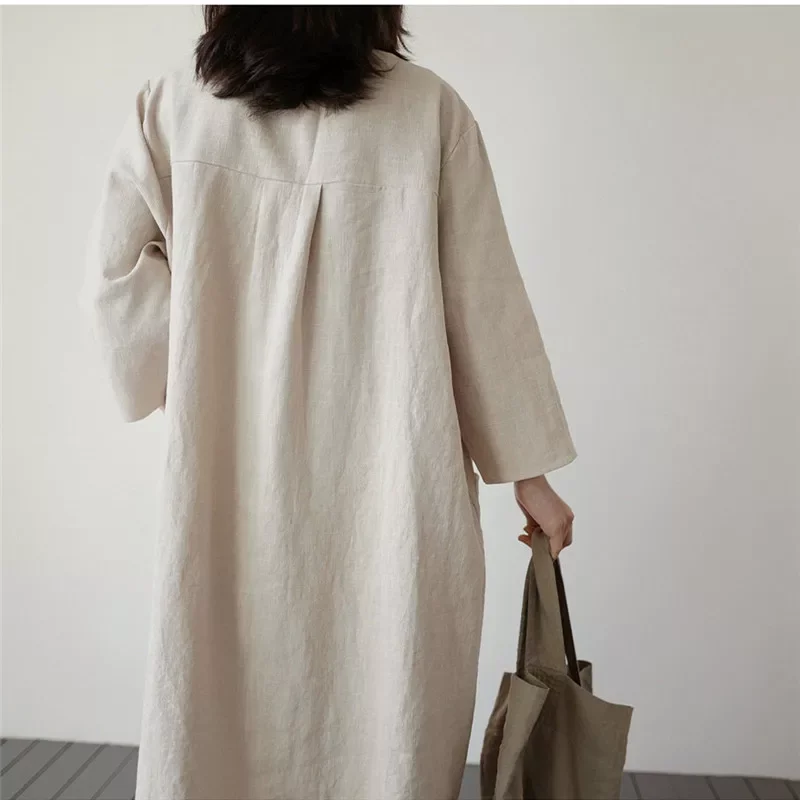 

2021 New Vintage Japanese Cotton Linen Loose Women Clothes Long Dresses Summer Autumn O-neck Wrist Sleeve Dress