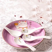 ceramic soup spoon 14cm japanese white lucky cat bone china dinnerware restaurant household kitchen supplies tableware