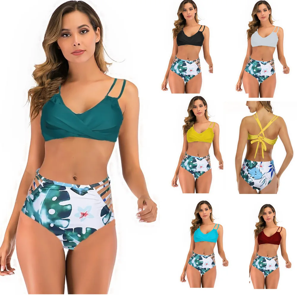 

Women Swimwear Summer Beach Two Pieces Swimsuits Printed Bathing Suits Tropical Palms Strappy Front Twist High Waist Bikini Sets