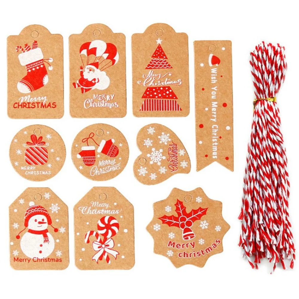 

50PCS Christmas Gift Tags Santa Claus Snowflake Kraft Paper Tag With Rope Label Xmas Gift For Xmas Party DIY Hang Tags With Rope