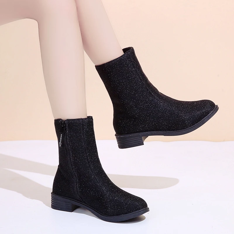 Г.; botas mujer; черные удобные женские сапоги до середины икры на молнии с круглым носком; Цвет черный, серебристый; зимние сапоги из флока наивысшего качества; botines mujer