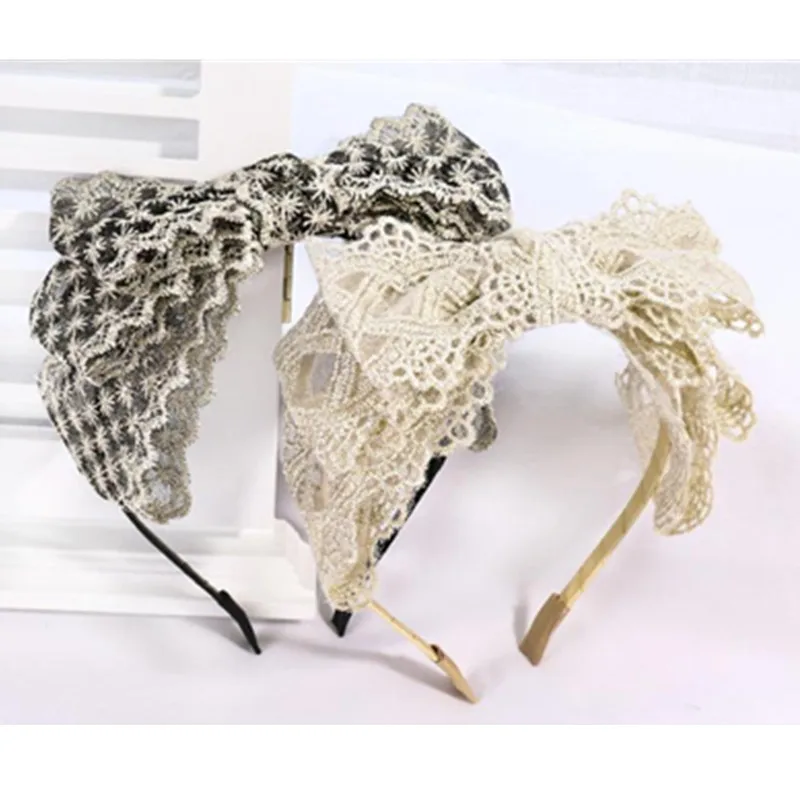 Multi-layers Bow Knot Lace Hairband for Women Korean Large Bow Head Band Ladies Headdress Embroidery Lace Hair Bow Band