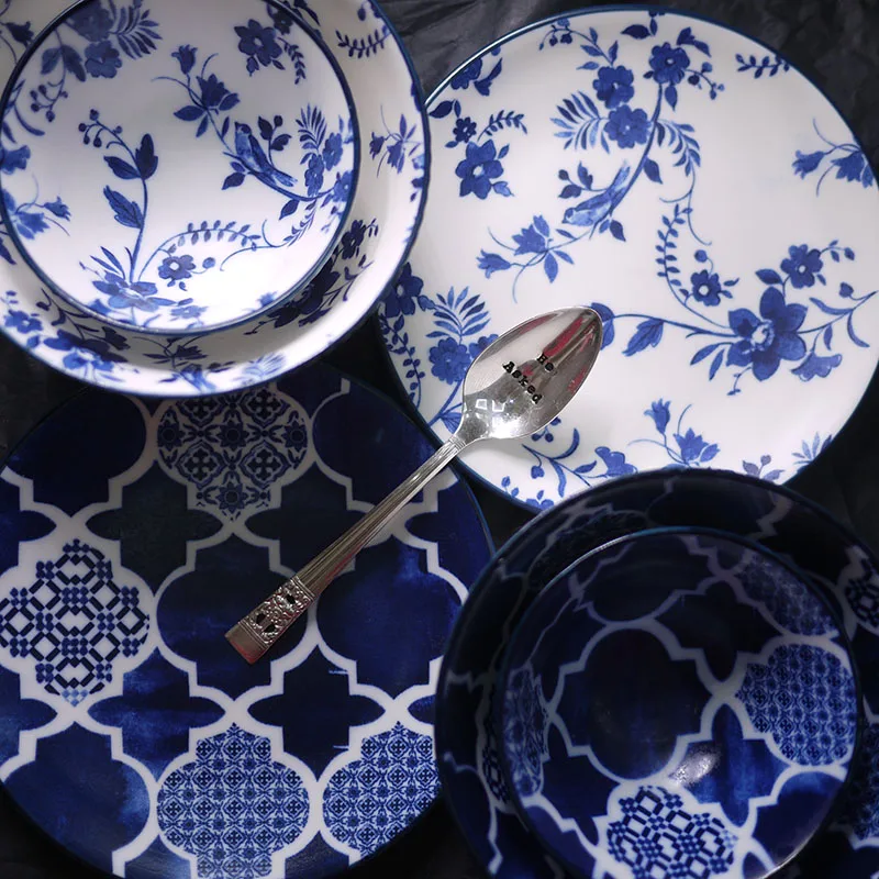 American style in glaze matte blue flower bird cloud twill ceramic tableware / bowl bone plate | Дом и сад