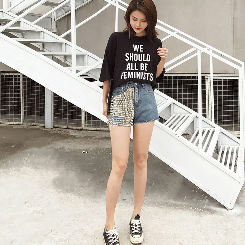 

New Korea Summer Rivet Vintage Short Jeans Women High Waist Wide Leg Jean Short Casual All Match Fashion Cowboy Streetwear