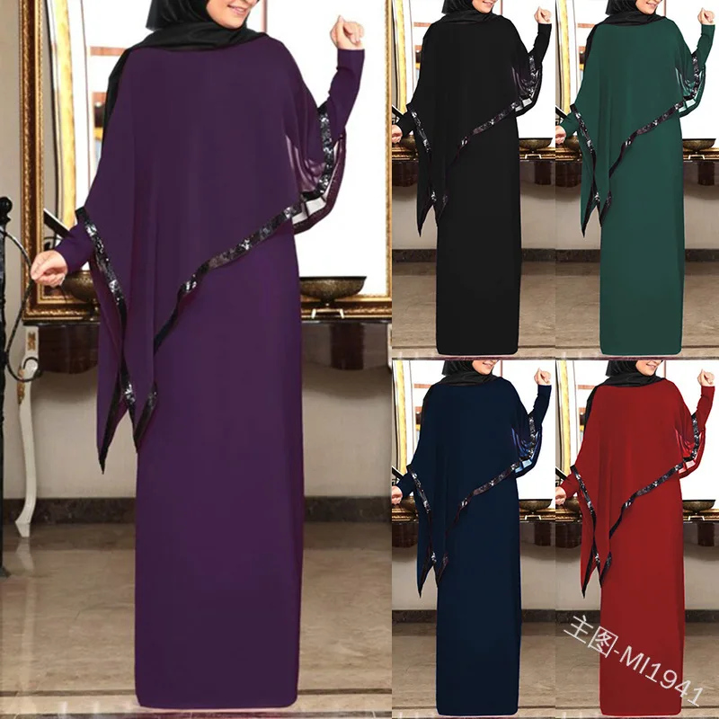 2021 г., мусульманские комплекты с блестками, платье Abya, мусульманское летнее винтажное длинное платье, лоскутное платье большого размера с ру...