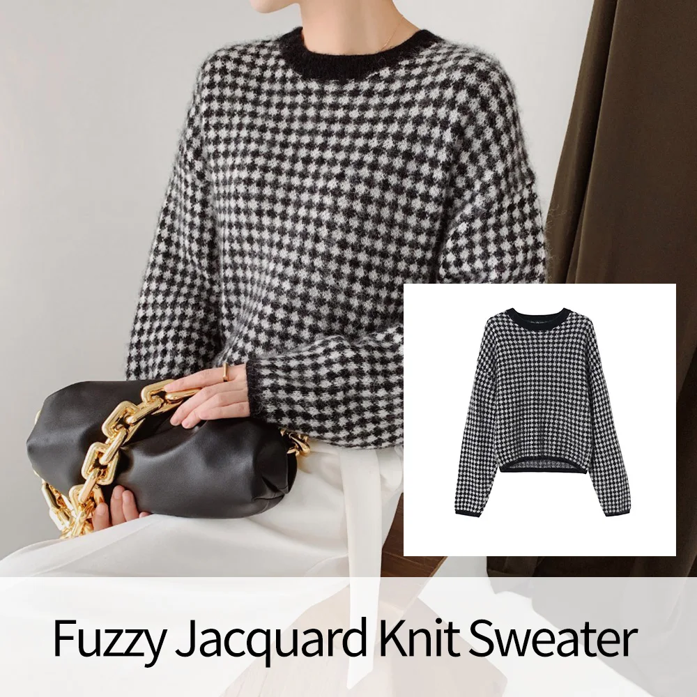 

Autumn Winter Female Women Alpaca Wool Blend Jumper Pullover Long Sleeve Woolen Fuzzy Jacquard Texture Knit Sweater For Women