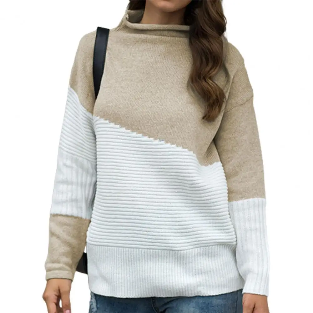 

Ele-choices Women Autumn&Winter Sweater Color Block Irregular Sleeves Top Loose Half Turtleneck Knitted Top Pullover for Daily
