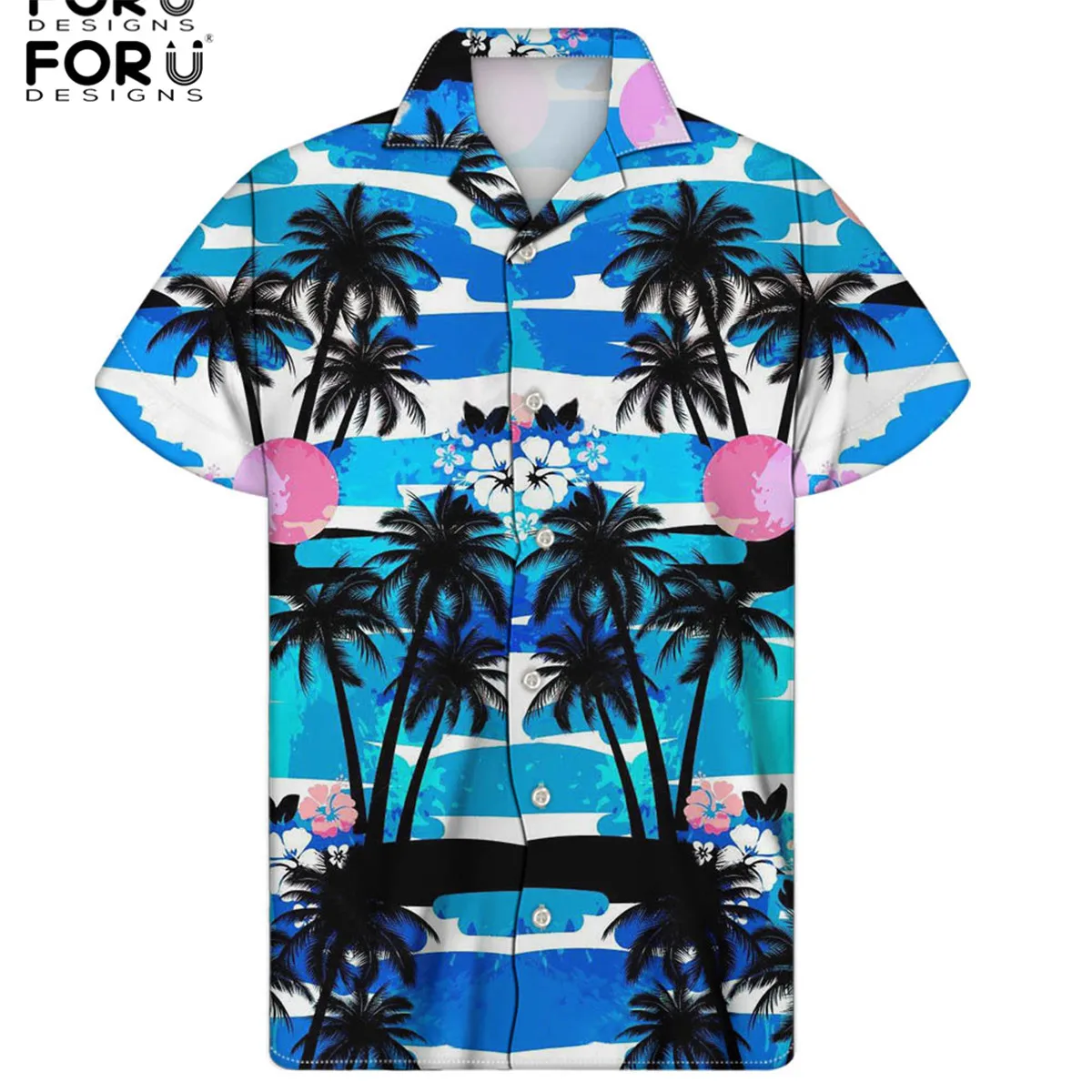 

FORUDESIGNS Tropical Palm Tree Ocean Wave Pattern Summer Beach Short Sleeved Shirts For Male Oversize Tun-down Collar Camisas