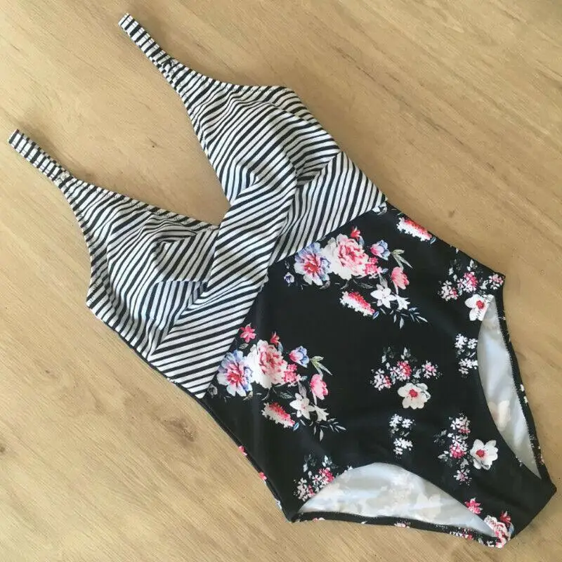

One Piece Women Sexy Patchwork Jumpsuit Swimsuit High Waist Bathing Suits Printed Swimwear