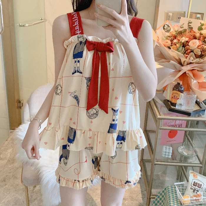 

Print Cute 2PCS Pajamas Suit Women Cotton Homewear Beige Summer New Nightwear With Bow Novelty Sleepwear Intimate Lingerie