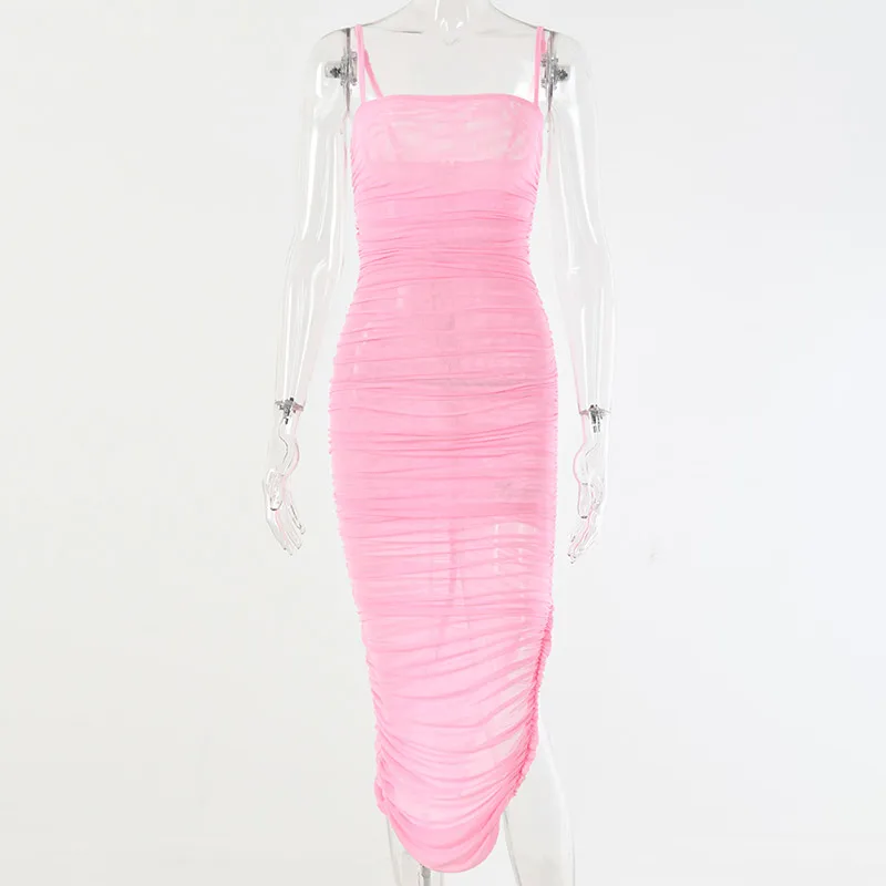 Pink Articat, сексуальное, прозрачное, Сетчатое, вечерние, женское платье,, без бретелек, с разрезом, длинное, макси платье, элегантное, Осеннее, облегающее, плиссированное платье, Vestidos - Цвет: Pink