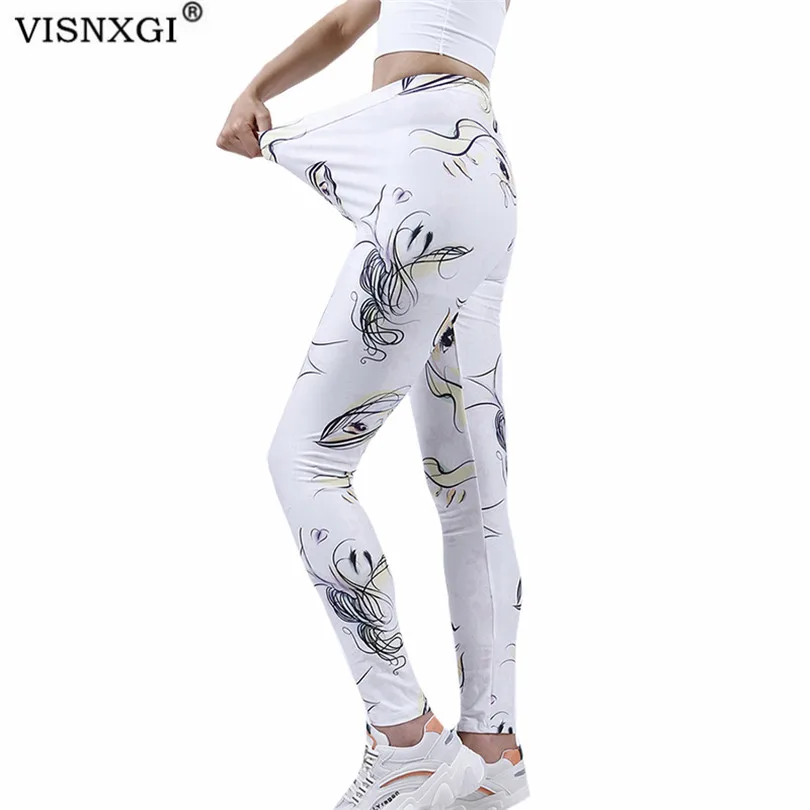 

VISNXGI High Waist Leggings Push Up Sport Women Fitness Running Gym Pants White Face Eyes Graffiti Print Ankle-Length Bottom