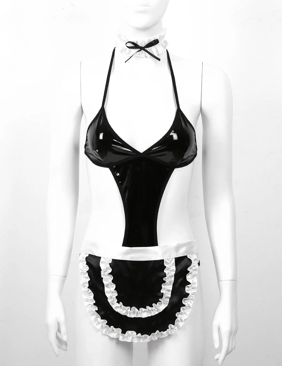 

Womens Erotic French Maid Cosplay Party Sexy Costumes Outfit Halter Neck Backless Thong Leotard Bodysuit with Apron and Choker