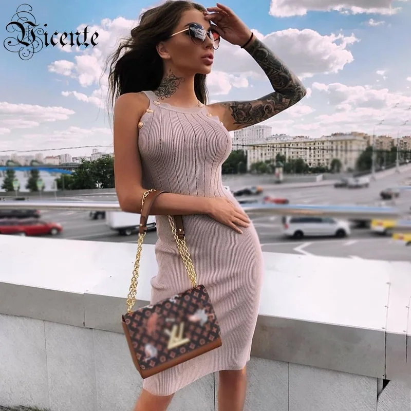 VC Новый Мода кнопки дизайн сексуальное платье без рукавов с круглым вырезом в