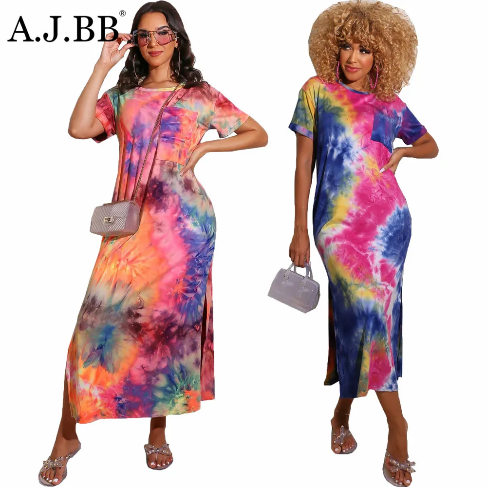 

2020 new casual tie dye printed loose dress fashion o-neck short sleeve women's T-shirt long skirt