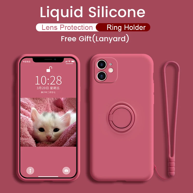 

Чехол-подставка из жидкого силикона с кольцом-держателем для Iphone 12 11 Pro Max Iphone Se 2020 X Xs Max Xr 8 7 Plus защитный чехол для камеры