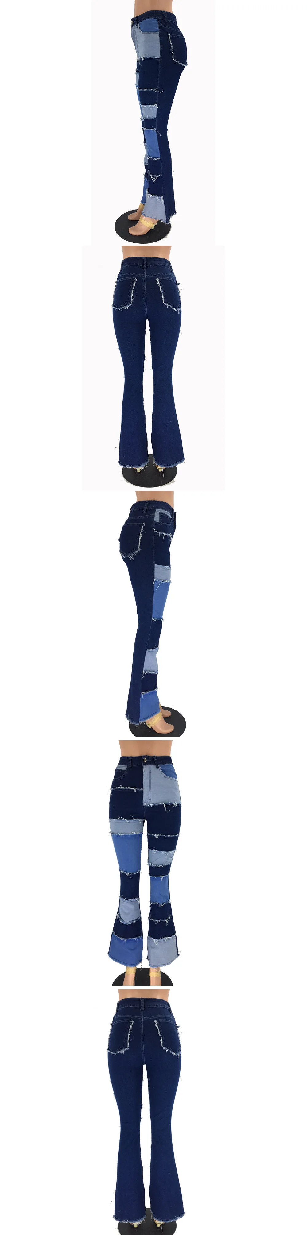 

Color Block High Waist Flare Jeans With Pockets Streetwear Sexy Trousers Bell Bottoms Skinny Patchwork Denim Jean Pants 2021
