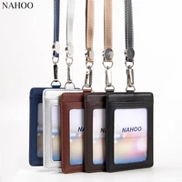 nahoo lanyards id badge holder name tag plastic badge real leather card holder vertical credit bus cards case office supplies