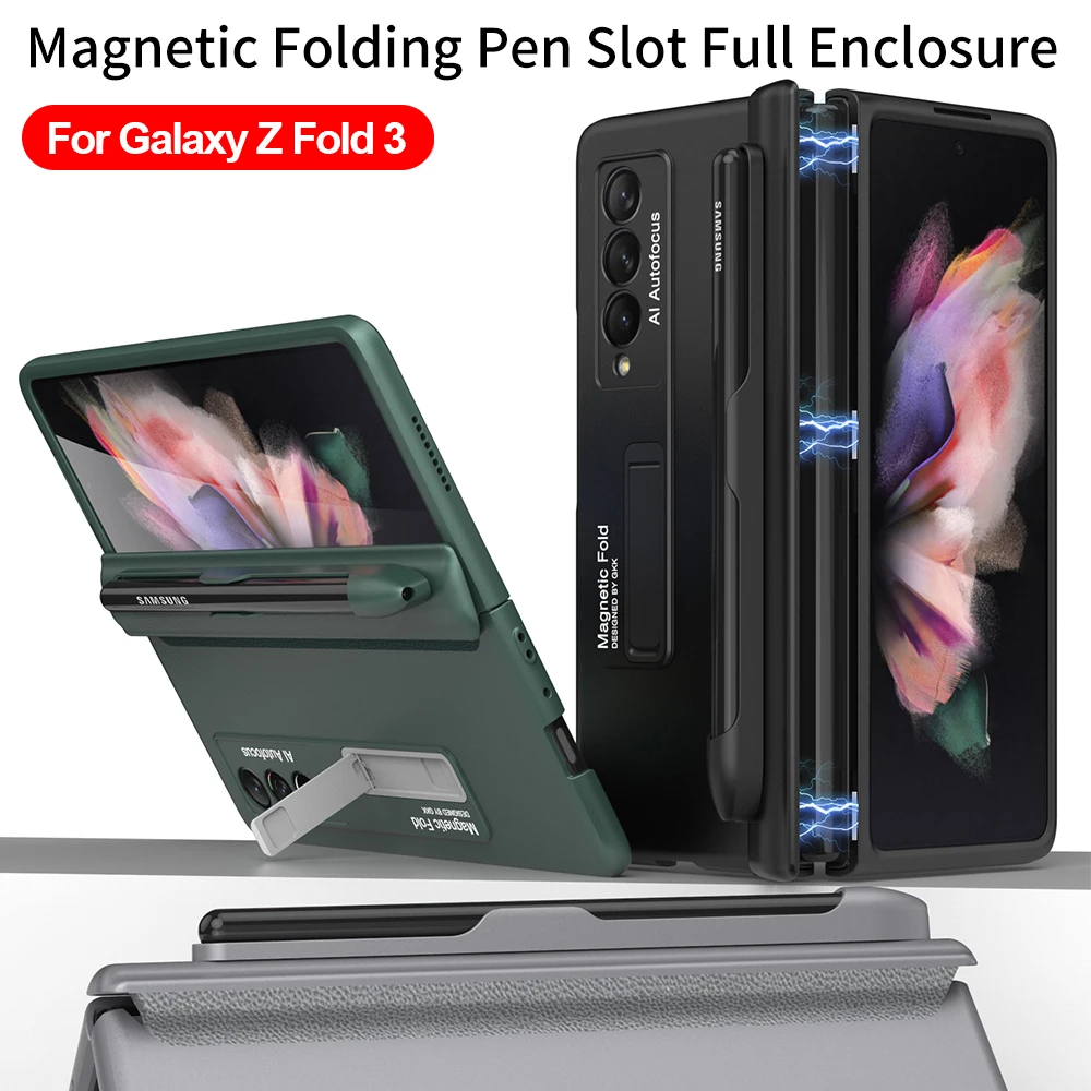 

Magnetic Hinge with Pen Slot Case For Samsung Galaxy Z Fold 3 Fold3 5G Case Holder Capa Adsorption Kickstand Hard Plastic Cover