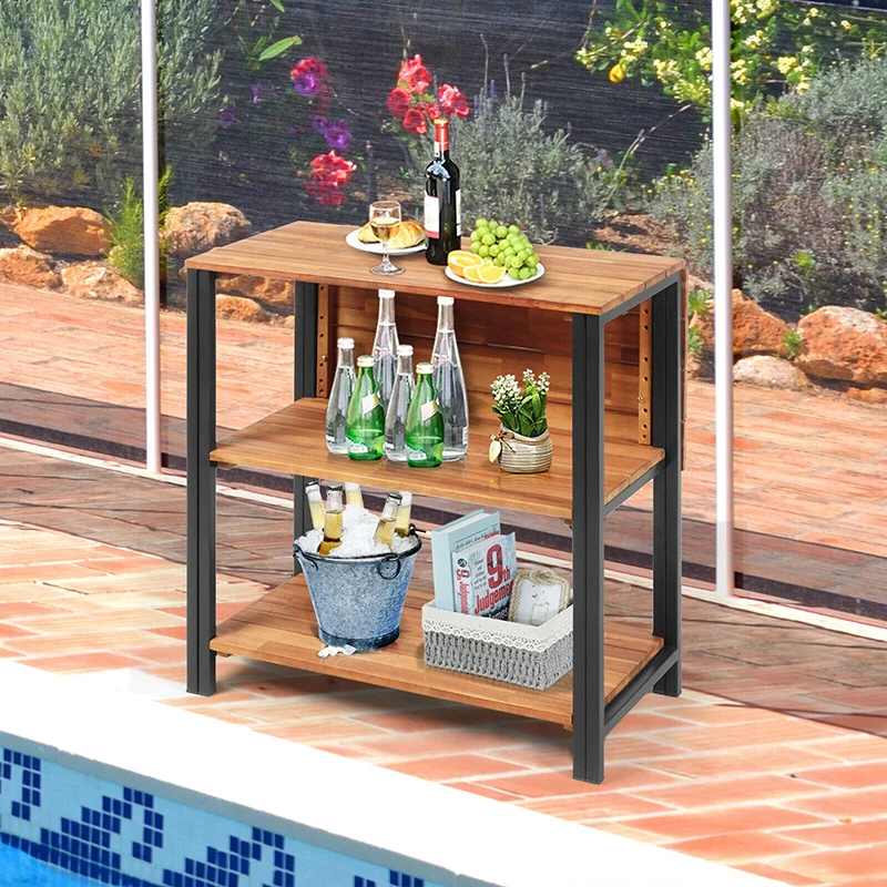 

Acacia Wood Spacious Tabletop Patio Folding Dining Table Anti-rust Heavy Duty Steel Frame Backyard Outdoor Storage Shelves