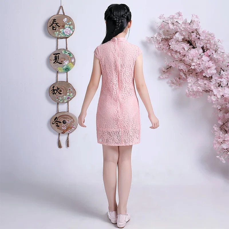 New Arrivals 2022 Chinese Dress Girl Summer Red Pink Lace Princess Girls Cheongsam Kids Qipao Children Clothes 90-140 | Детская одежда