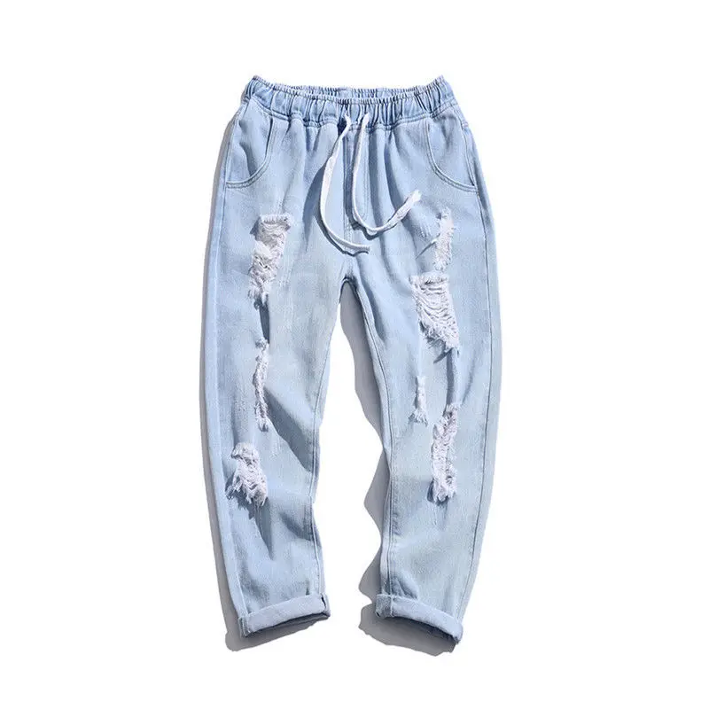 

Summer New Loose Men Jeans Male Trousers Hole Design Cozy All-match Drawstring Elastic Waist Daily Casual Straight Denim Pants