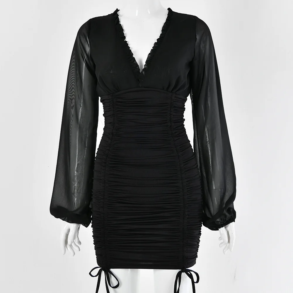 

Chiffon Summer Autumn Dress Women 2021 Sexy Long Sleeve Slim Elastic Bodycon Bandage Dress Short Pleated Party Dresses