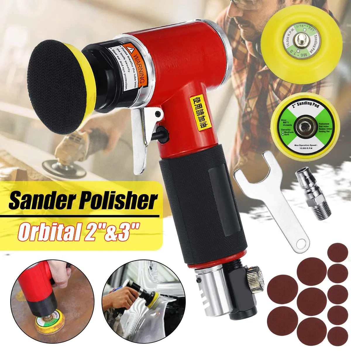 

1"/2"/3" Orbit Air Sander Mini Pneumatic Grinding Machine Set for Car Polishing High Speed Air Powered Polisher Air Grinder Tool