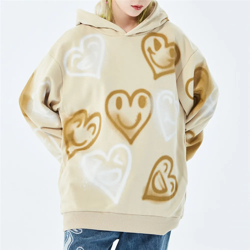 

Men's Hoodies Harajuku Streetwear Creative Smiling Hearts Print Loose Casual Hooded Pullover Hip Hop Outerwear Fashion Tops