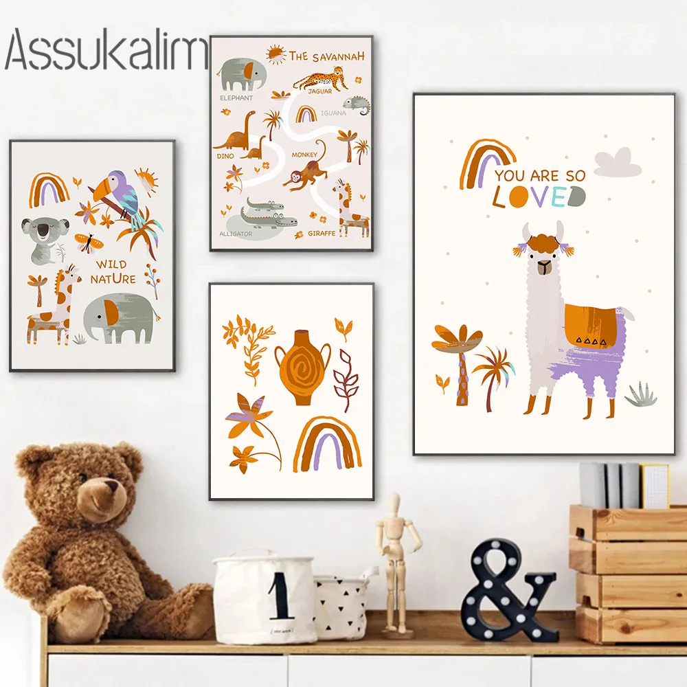 

Alpaca Poster Dinosaur Art Print Savannah Animal Canvas Painting Rainbow Wall Posters Boho Wall Pictures For Living Room Decor