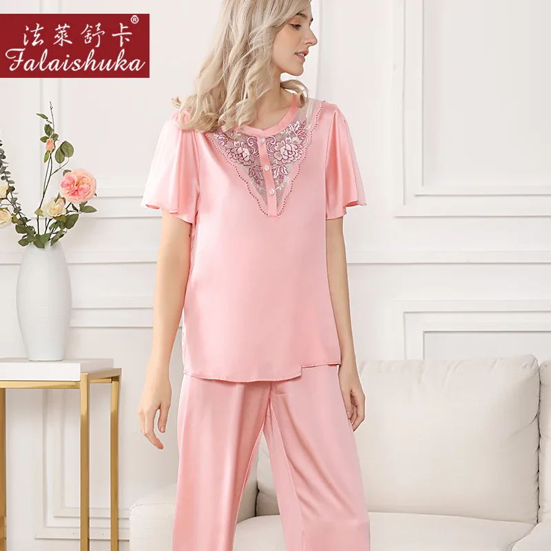 Summer sweet pink elegant 100% mulberry silk pajamas sets women short sleeves noble silk sleepwear womens pyjamas sets T8211