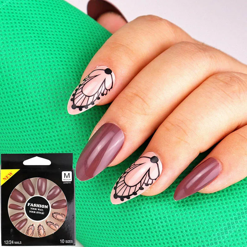06 12Pcs Long Stiletto False Nail Tips With Glue Colorful Full Cover Fake Nails Tips Manicure Press On Nails Charms - Цвет: 06