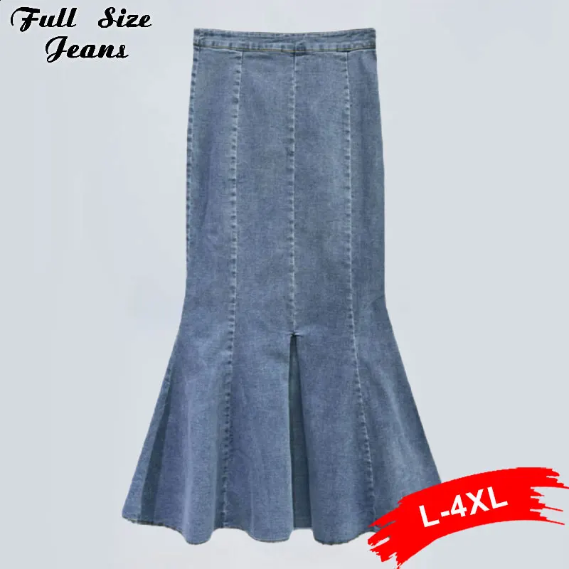 Фото - Plus Size Vintage Blue Split Mermaid Denim Skirt 4XL Large Size High Fashion Stretchy Skinny Ruffles Hem Pleated Jeans Skirts plus fringe detail hem bleach wash denim skirt