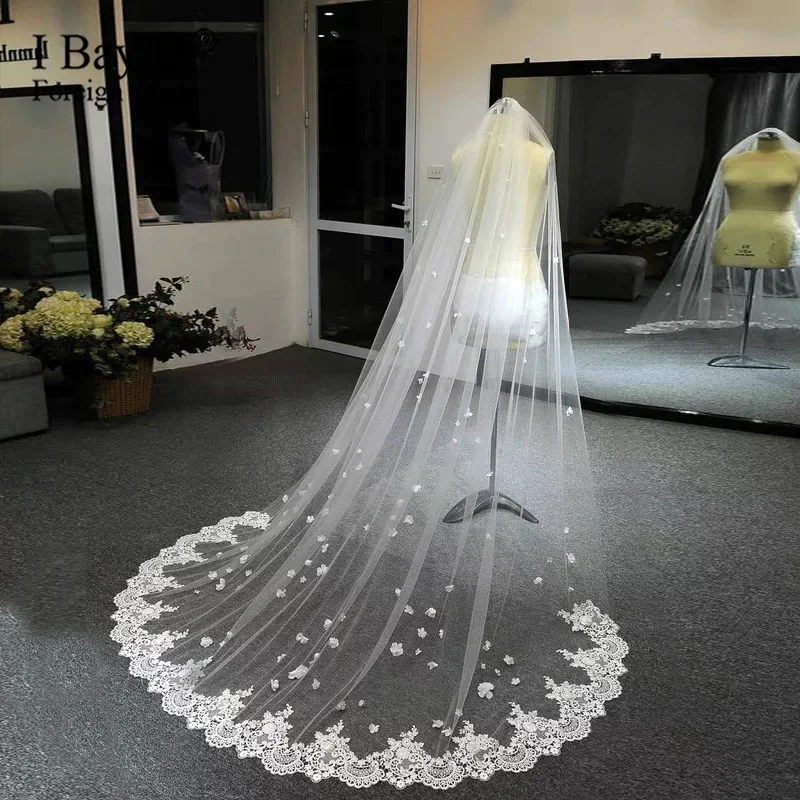 

На заказ Аппликации край мягкий тюль на заказ вуаль Женская Часовня кружевная Фата для невесты 3D цветок свадебная фата