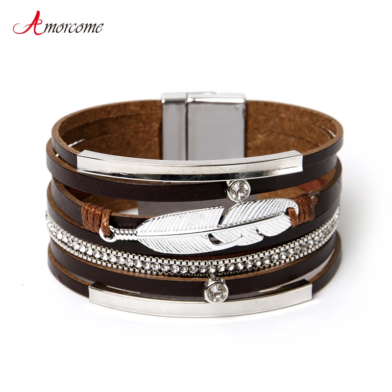 

Amorcome Ethnic Braided Wide Cuff Bracelets Bohemian Rhinestone Metal Feather Leather Wrap Bracelet 2021 Female Jewelry Gift