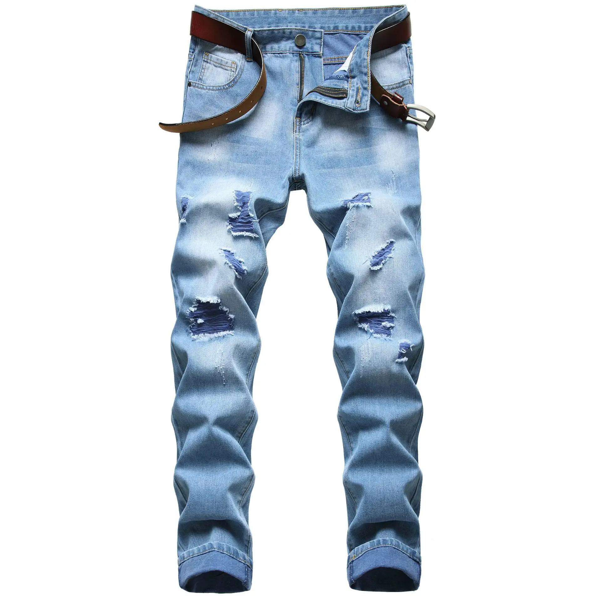 

Autumn Winter Male Ripped Light Blue Straight Jeans Pants Casual Fashion Slim Non Stretch Men's Cotton Denim Trousers for Boys