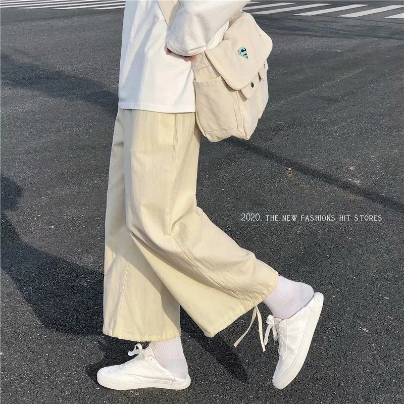 

Solid Color Straight-leg Pants Men Korean Casual Pants Men Fashion Wide-leg Pants Men Streetwear Men's Trousers Drawstring Pants