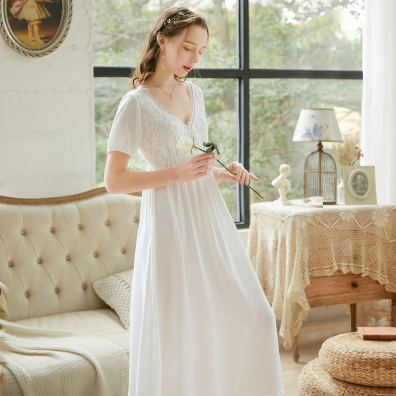 Женская хлопковая ночная рубашка элегантная длинная свободная с v образным