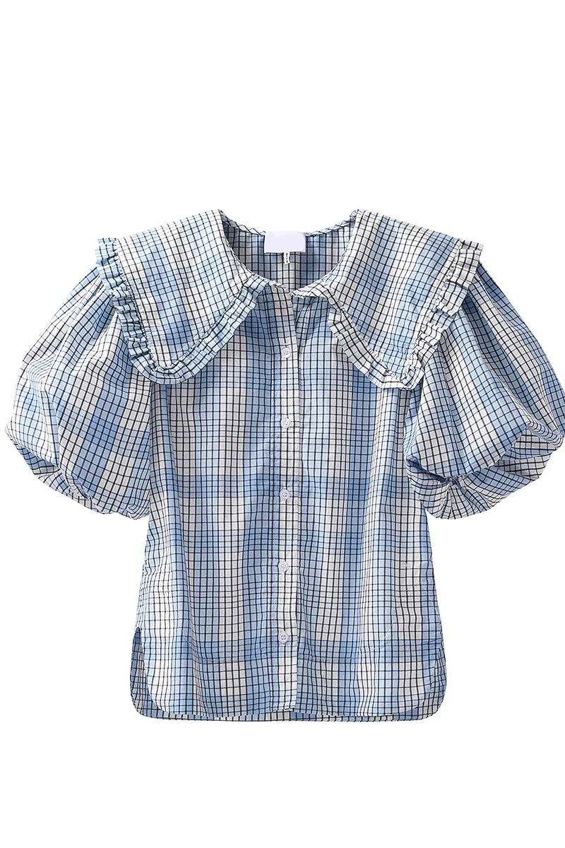 

Korean Style Retro Plaid Shirt for Women Elegant Wooden Ear Doll Collar Cardigan Top 2021 Summer New Fashion Puff Sleeve Blouse