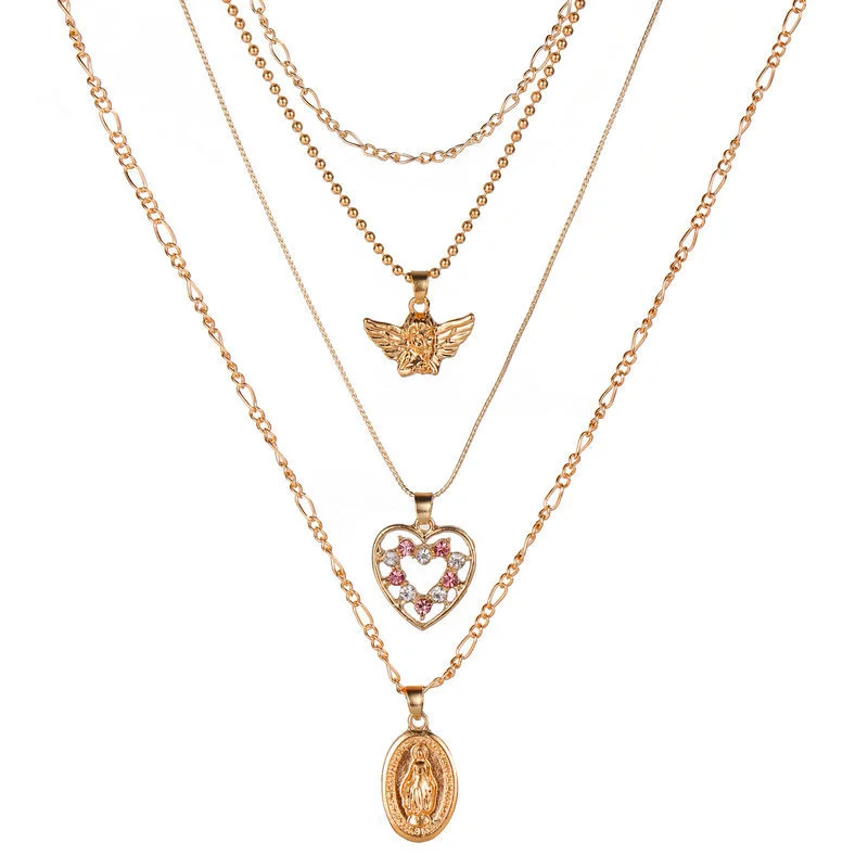 

Necklaces For Women Angel Heart Portrait Pendant Necklace Creative Vintage Simple Multi-layer Golden Clavicle Chain Jewelry