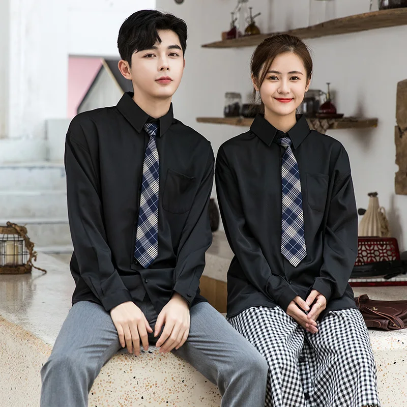 

2022 four seasons lovers wear solid color spring JK style loose shirt shirt send tie youth vitality style upper body shirt