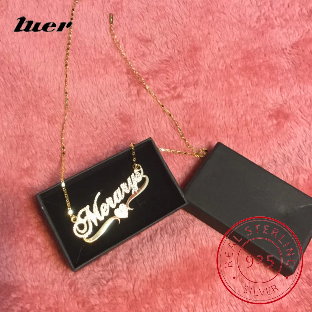 

Luer Custom Name Necklace 925 Silver / Bar Necklaces Name with Full Zircon Luxury Name Plate Pendant for Women Jewelry Gift