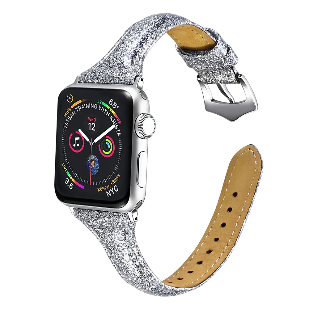 Кожаный ремешок для Apple Watch Series 5 4 3 2 Блестящий тонкий браслет iWatch 40/44/38/42 мм