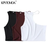 kpytomoa women 2021 sexy fashion asymmetry cropped knit tank tops vintage sleeveless stretch slim female camis mujer