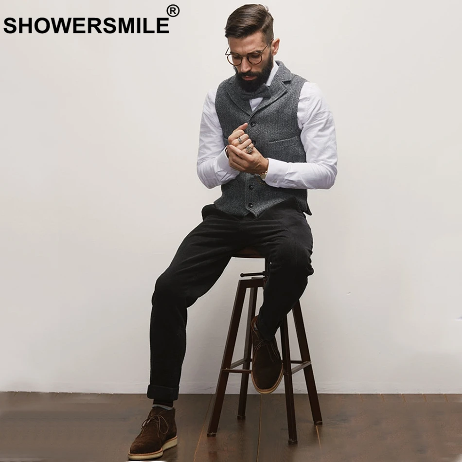 SHOWERSMILE твидовый жилет мужской жилет в елочку коричневый винтажный жакет без рукавов мужские карманы Ретро Тонкий Повседневный Осенний жилет