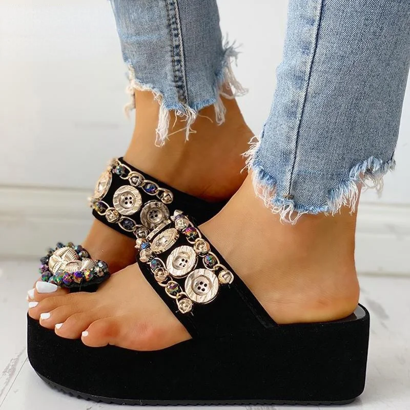 

Summer Slippers Women Flip Flops Casual Platform Shoes Crystal Button Beach Wedges Sandals Chinelo Femme Big Size 35-42