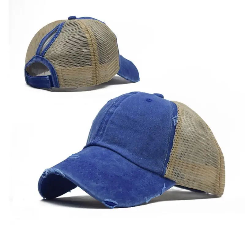 High Ponytail Adjustable Baseball Cap Mesh Trucker Baseball Hat Washed Baseball Cap Ponytail Hats For Men Women Multicolor