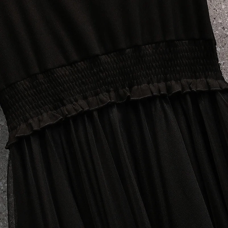 

Woman Plus Size Vintage Mesh Patchwork Black Party Dresses Short Sleeve V Neck Summer Elegant A Line Gauze Dresses 2021 Clothing